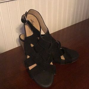 Lucky Brand black suede leather 4 in heel sandals.